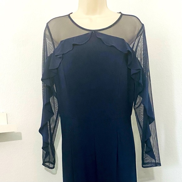 R&M Richards NWT Wide Leg Jumpsuit Ruffle Illusion Mesh Navy Plus Size Petite - Picture 4 of 15